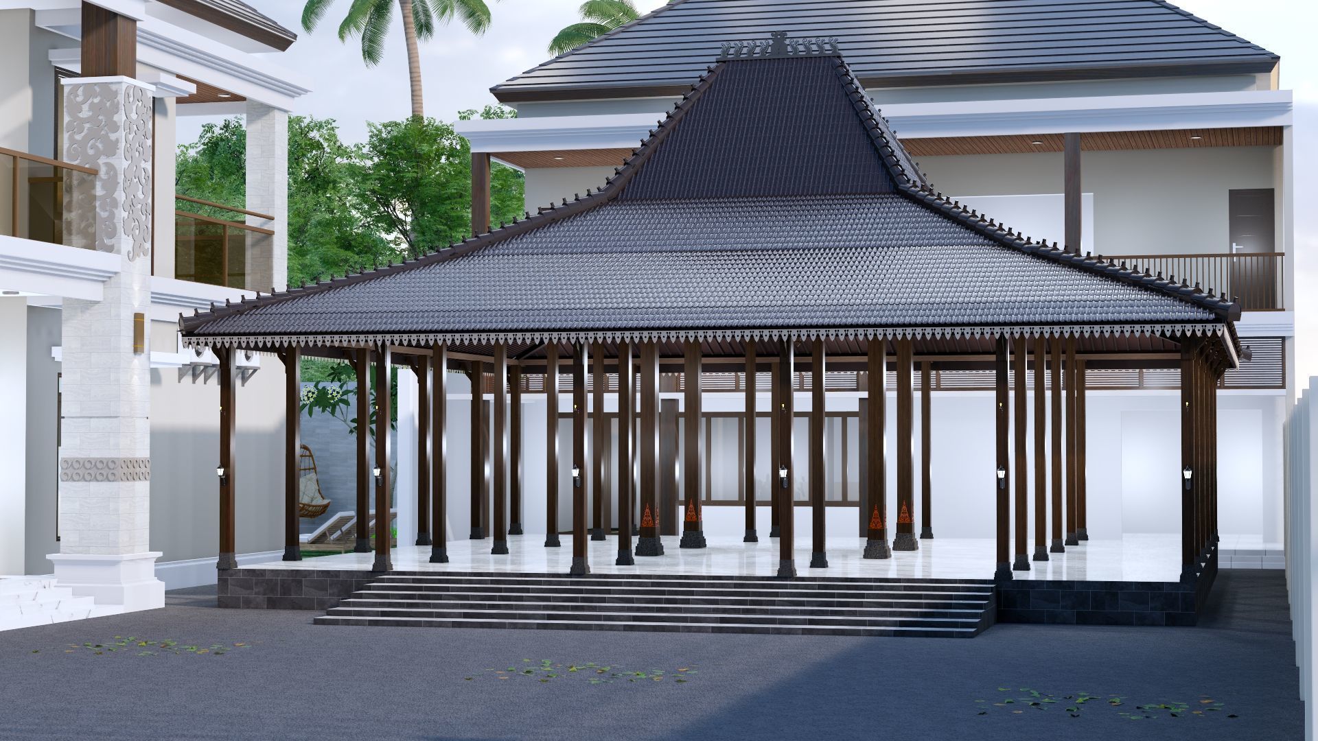 Luxury 2 floor House design with wooden House for reception 3D model_13