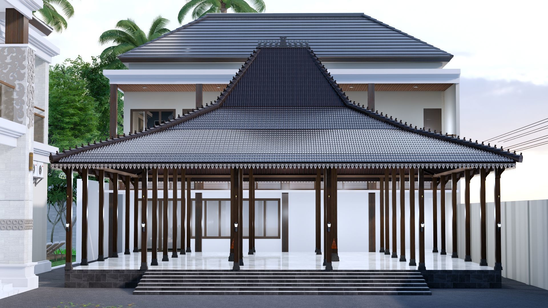Luxury 2 floor House design with wooden House for reception 3D model_4