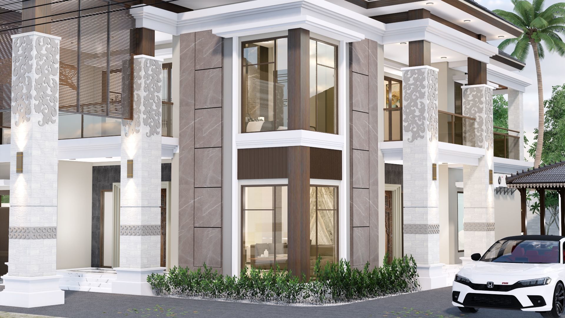 Luxury 2 floor House design with wooden House for reception 3D model_49