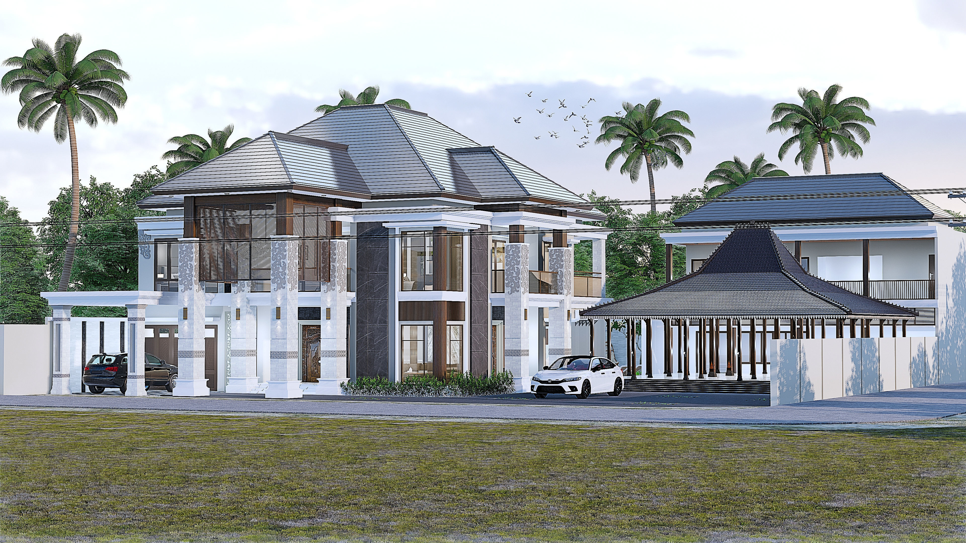 Luxury 2 floor House design with wooden House for reception 3D model_15