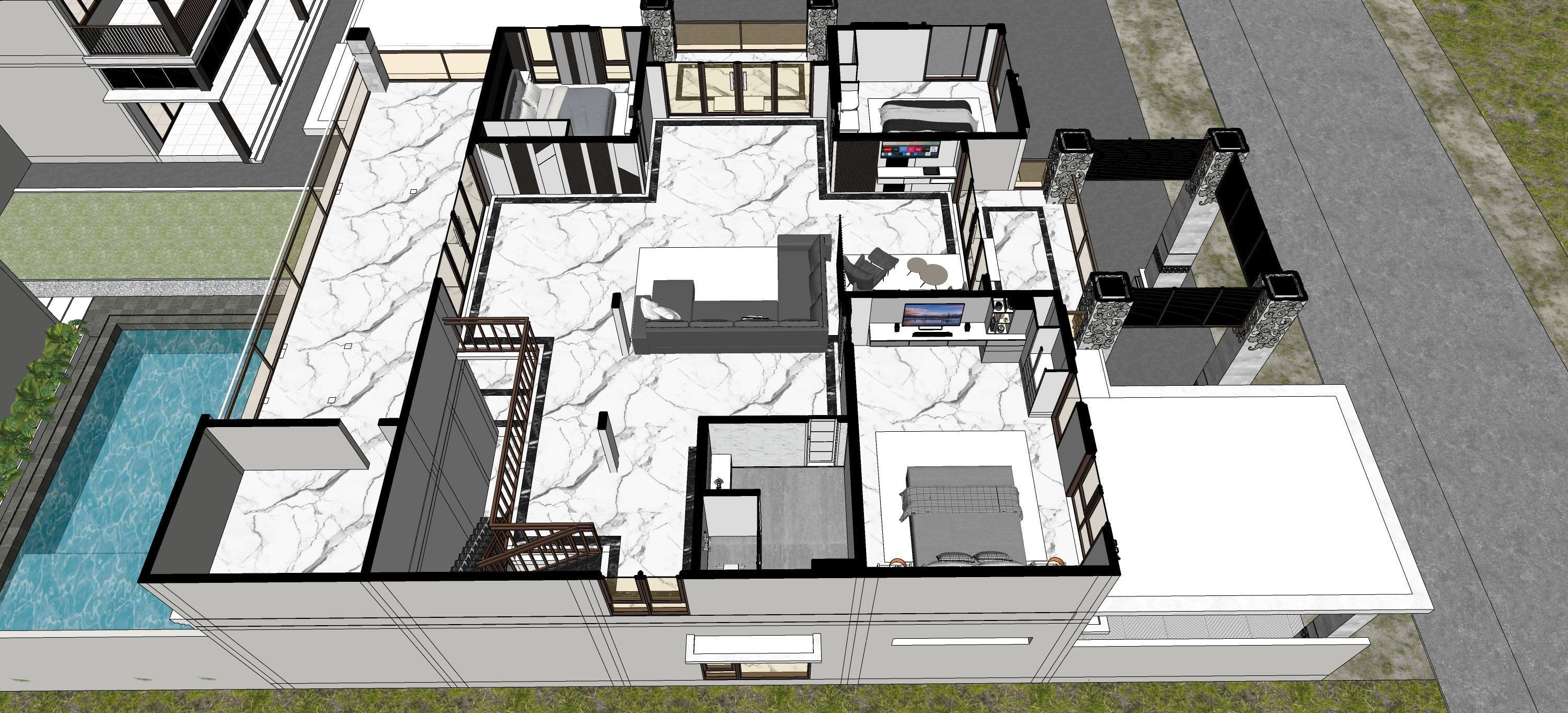 Luxury 2 floor House design with wooden House for reception 3D model_9