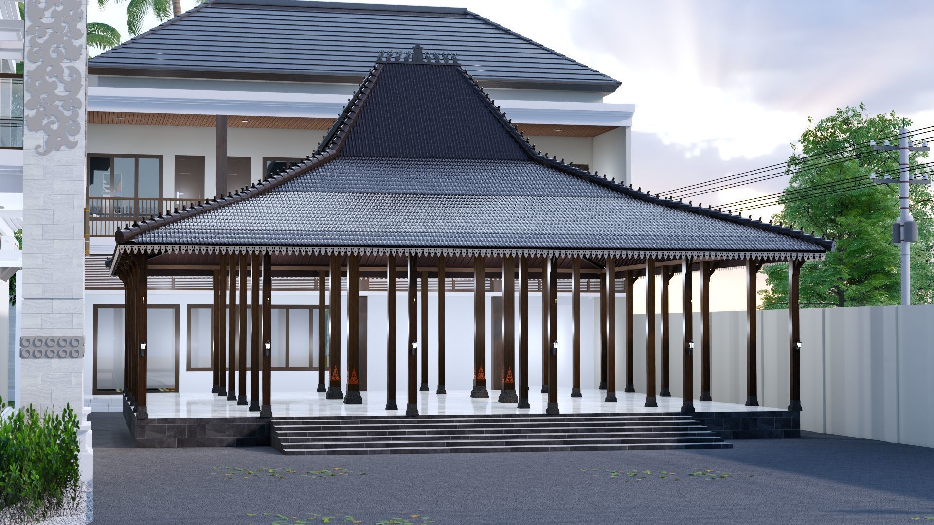 Luxury 2 floor House design with wooden House for reception 3D model_14