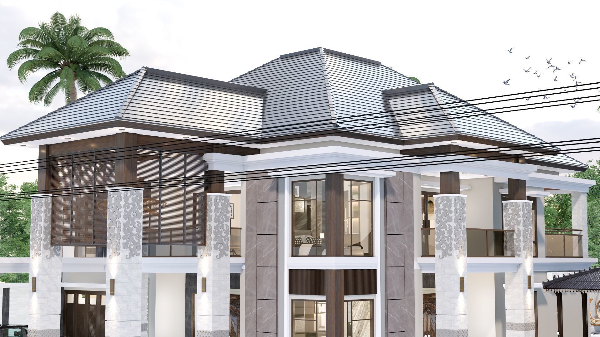 Luxury 2 floor House design with wooden House for reception 3D model_55