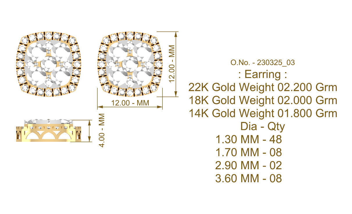 Cushion Shape Preshure Setting Diamond Earring - 12 MM 3D print model_7