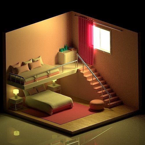 Girl Isometric Room Two Beds 3D model
