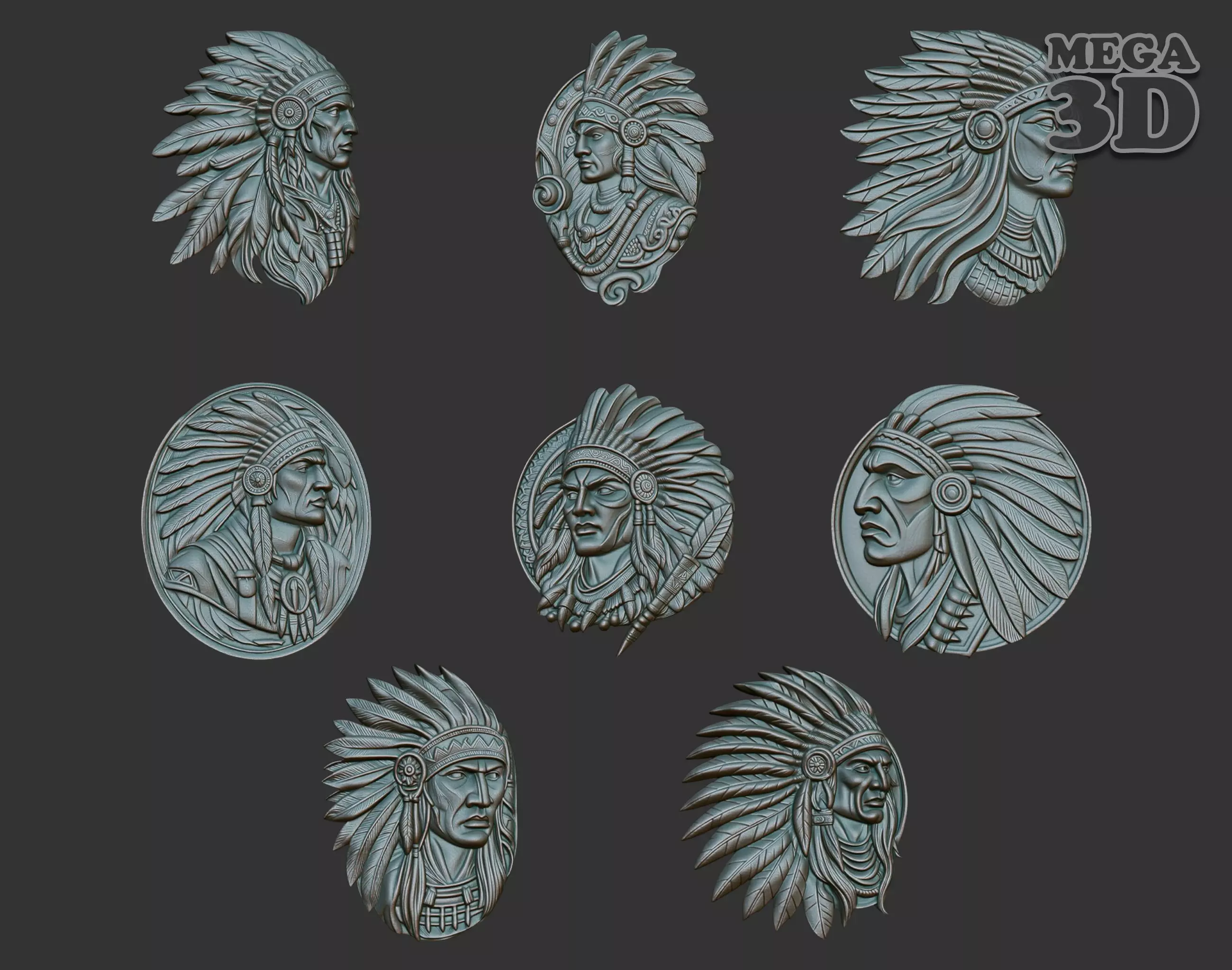 Native American Warrior basrelief Pack A 240912 3D Model Collection_0