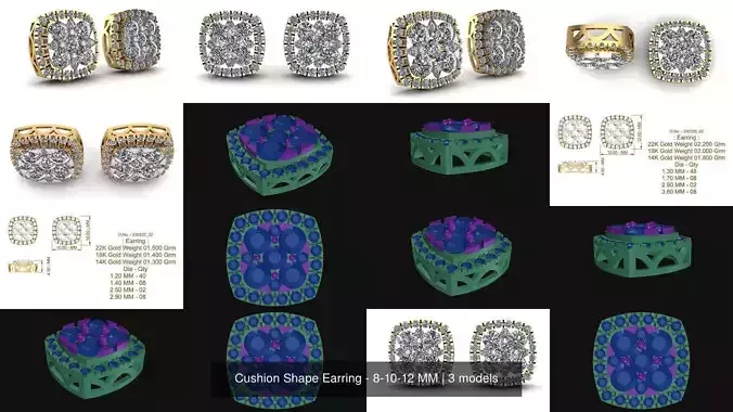 Cushion Shape Earring - 8-10-12 MM