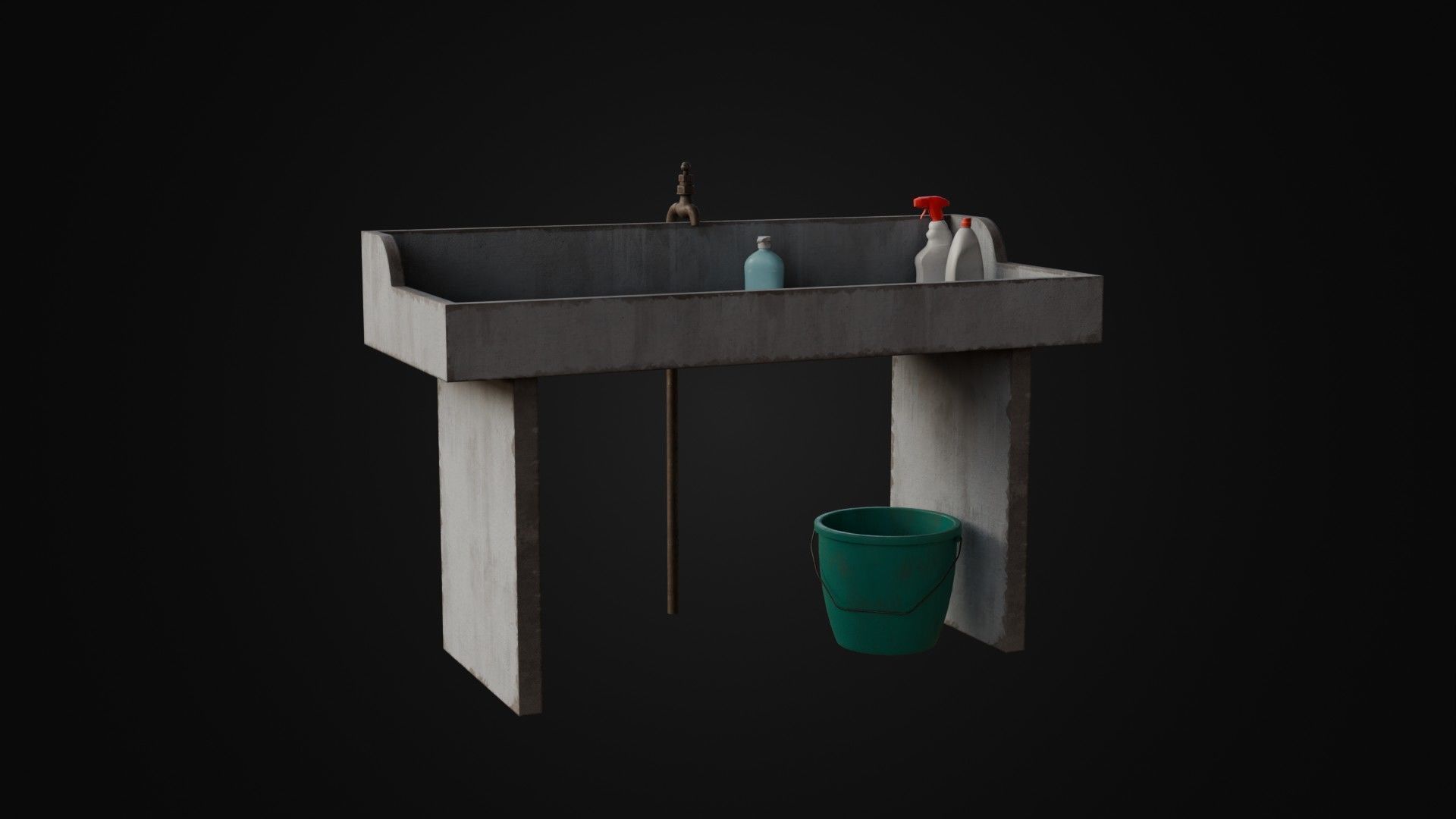 Old Japanese Sink with cleaning props Low-poly 3D model_1
