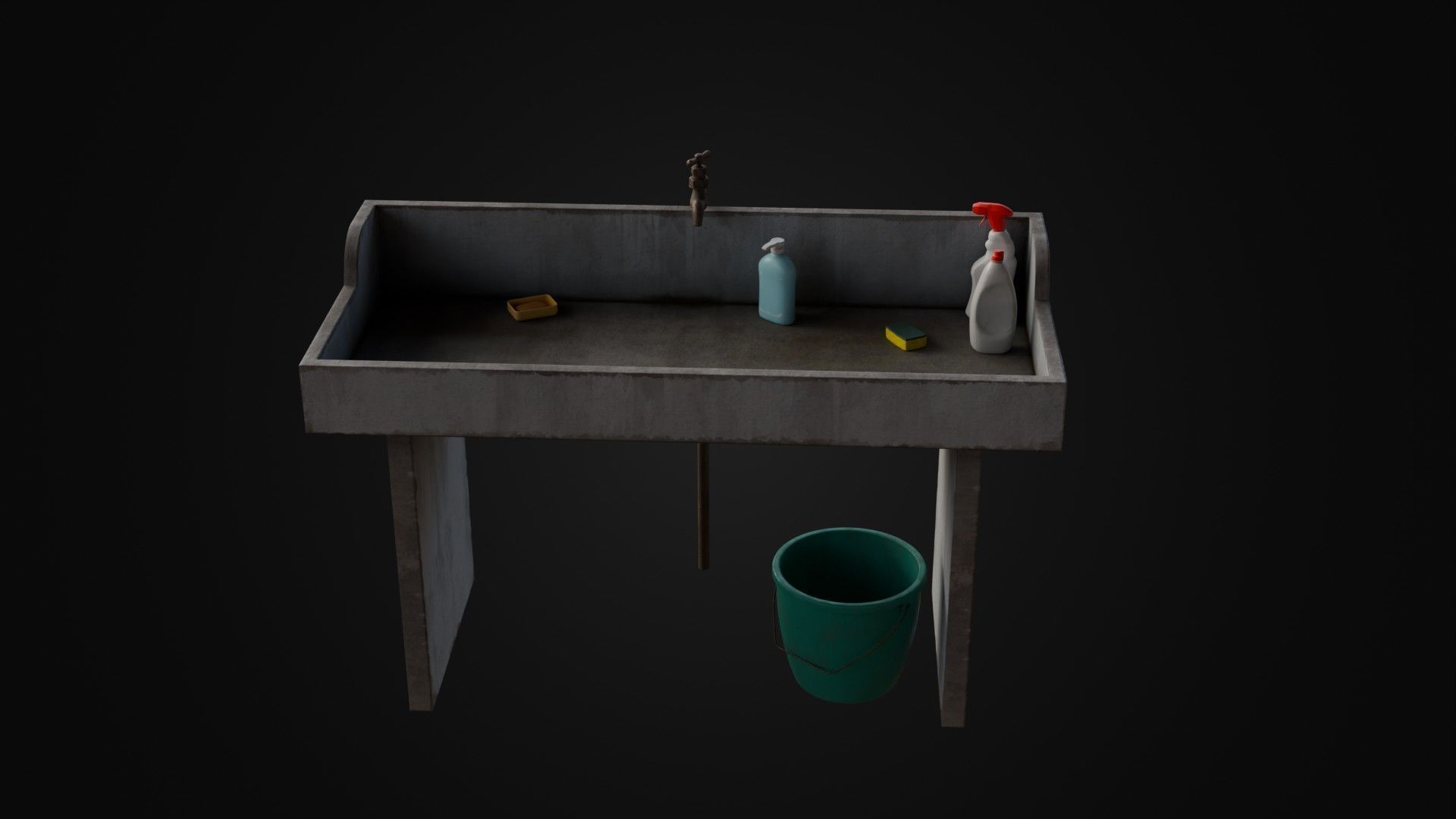 Old Japanese Sink with cleaning props Low-poly 3D model_38