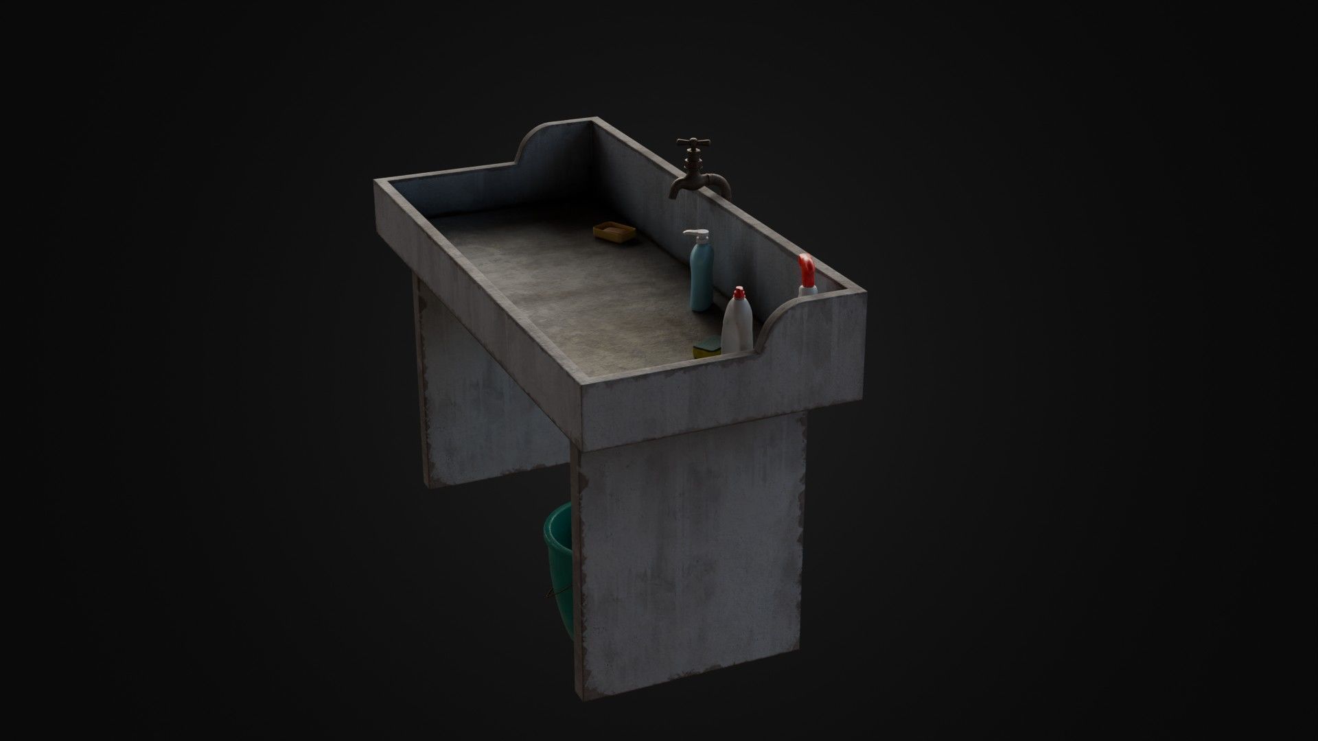 Old Japanese Sink with cleaning props Low-poly 3D model_32