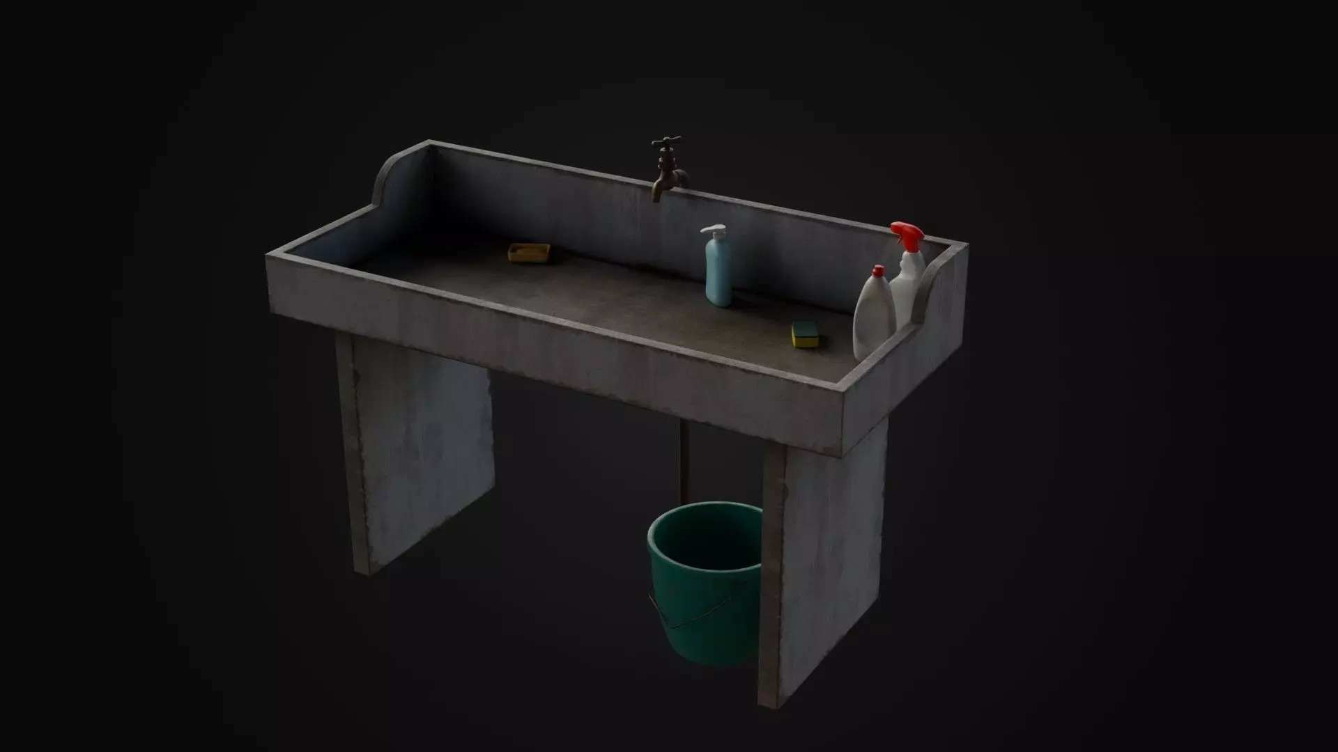 Old Japanese Sink with cleaning props Low-poly 3D model_0