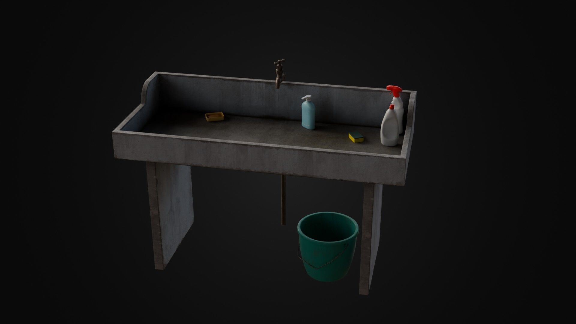 Old Japanese Sink with cleaning props Low-poly 3D model_37