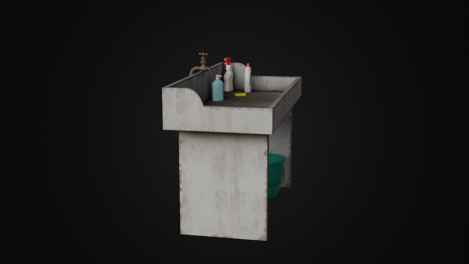 Old Japanese Sink with cleaning props Low-poly 3D model_8