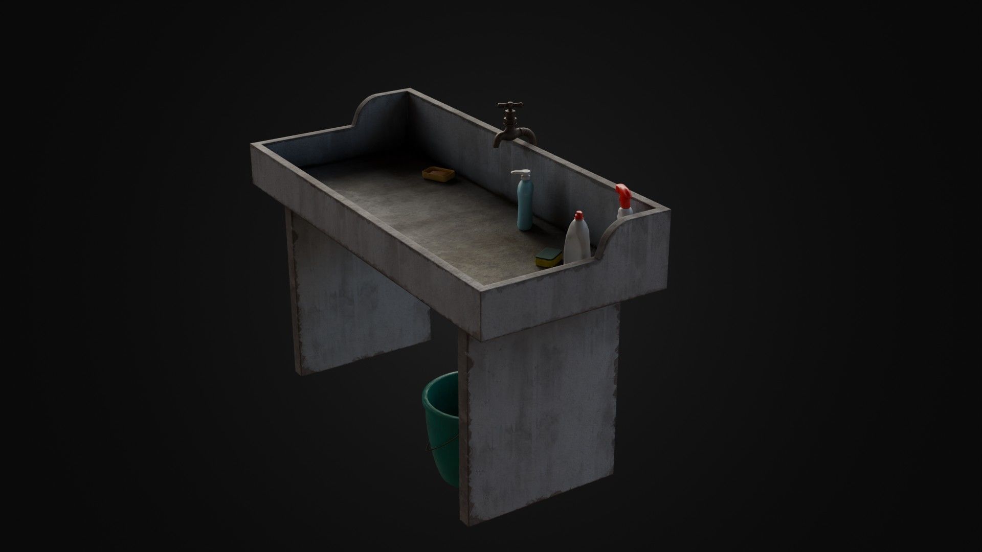Old Japanese Sink with cleaning props Low-poly 3D model_33