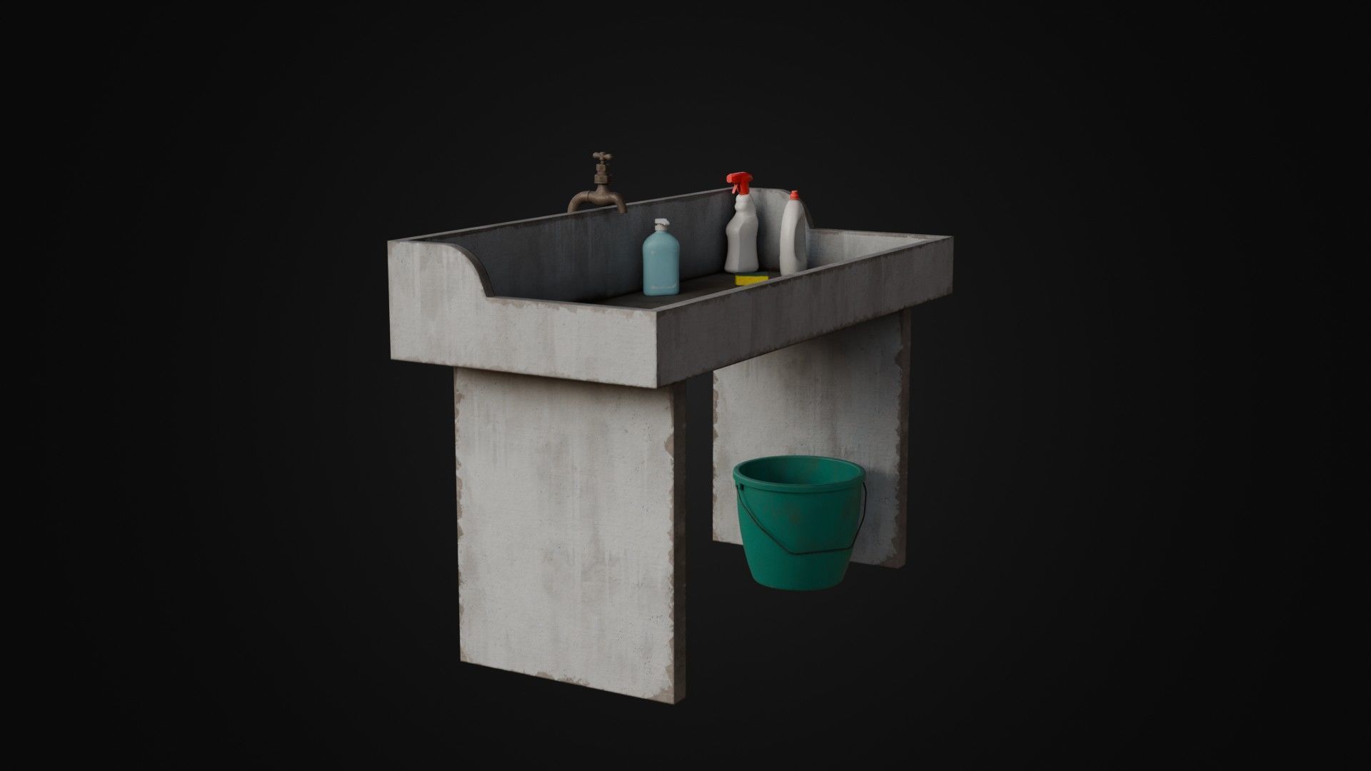 Old Japanese Sink with cleaning props Low-poly 3D model_6