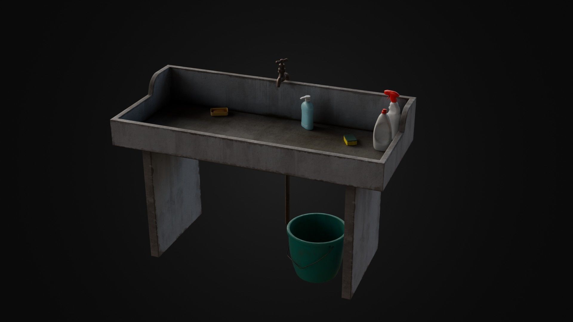 Old Japanese Sink with cleaning props Low-poly 3D model_36