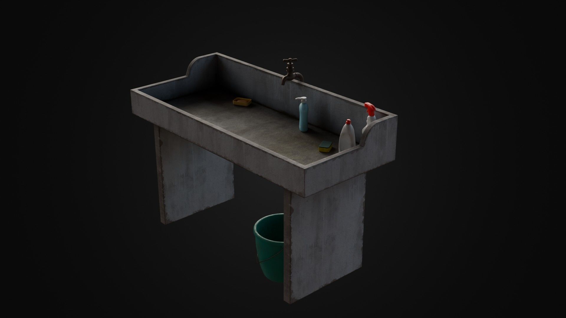 Old Japanese Sink with cleaning props Low-poly 3D model_34