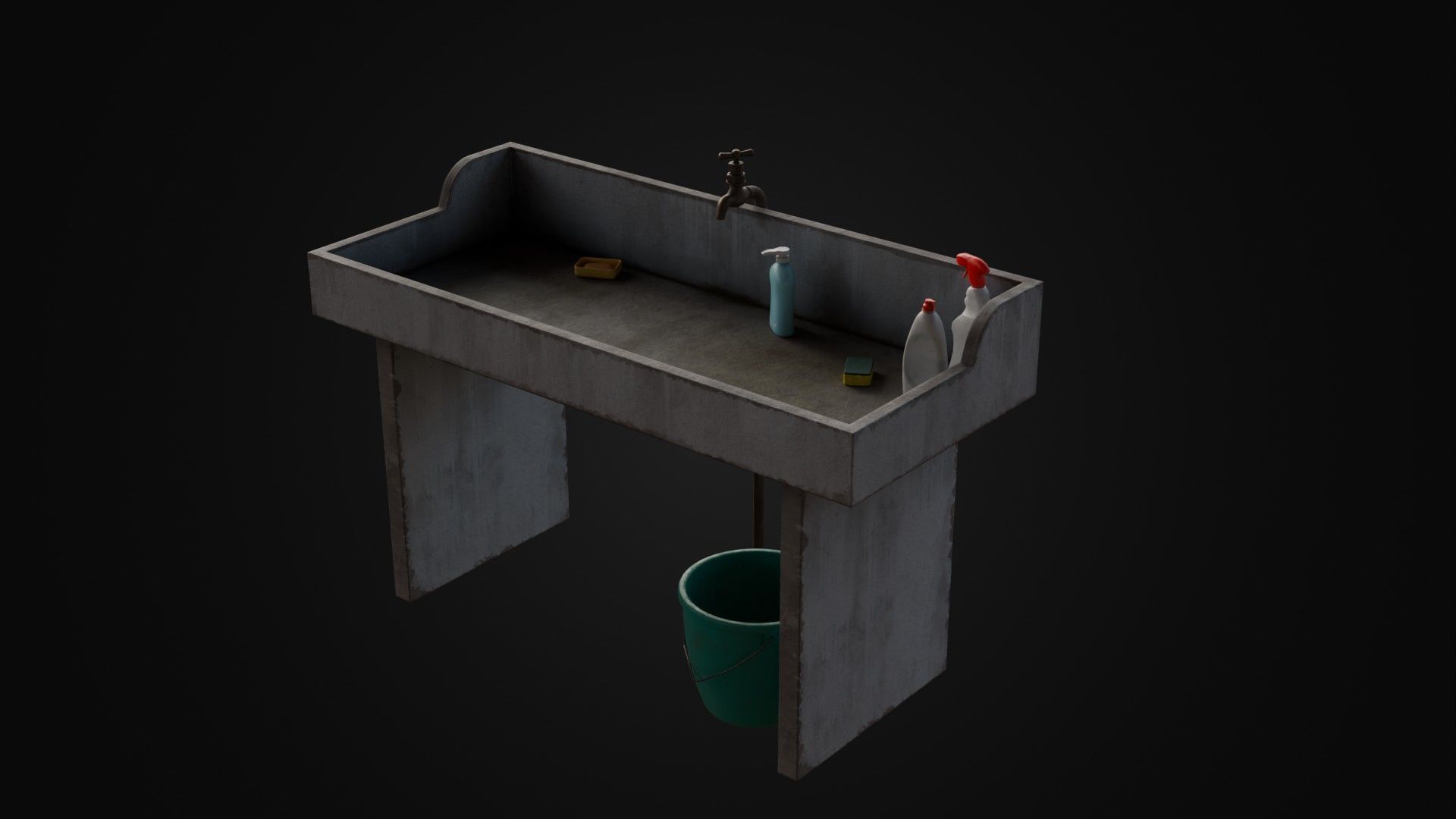 Old Japanese Sink with cleaning props Low-poly 3D model_35