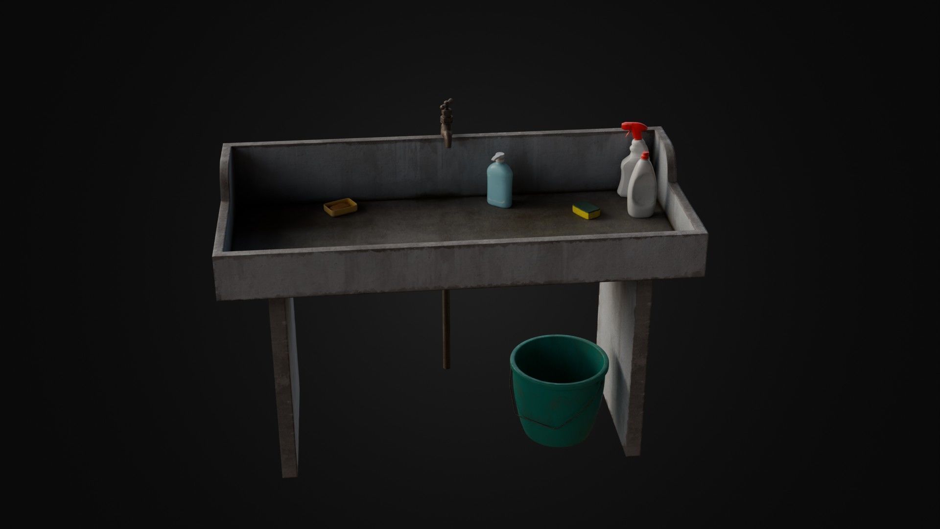 Old Japanese Sink with cleaning props Low-poly 3D model_39