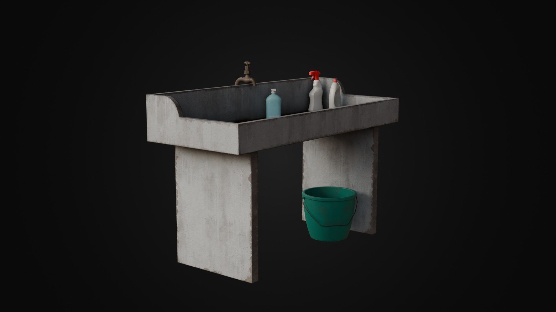 Old Japanese Sink with cleaning props Low-poly 3D model_5