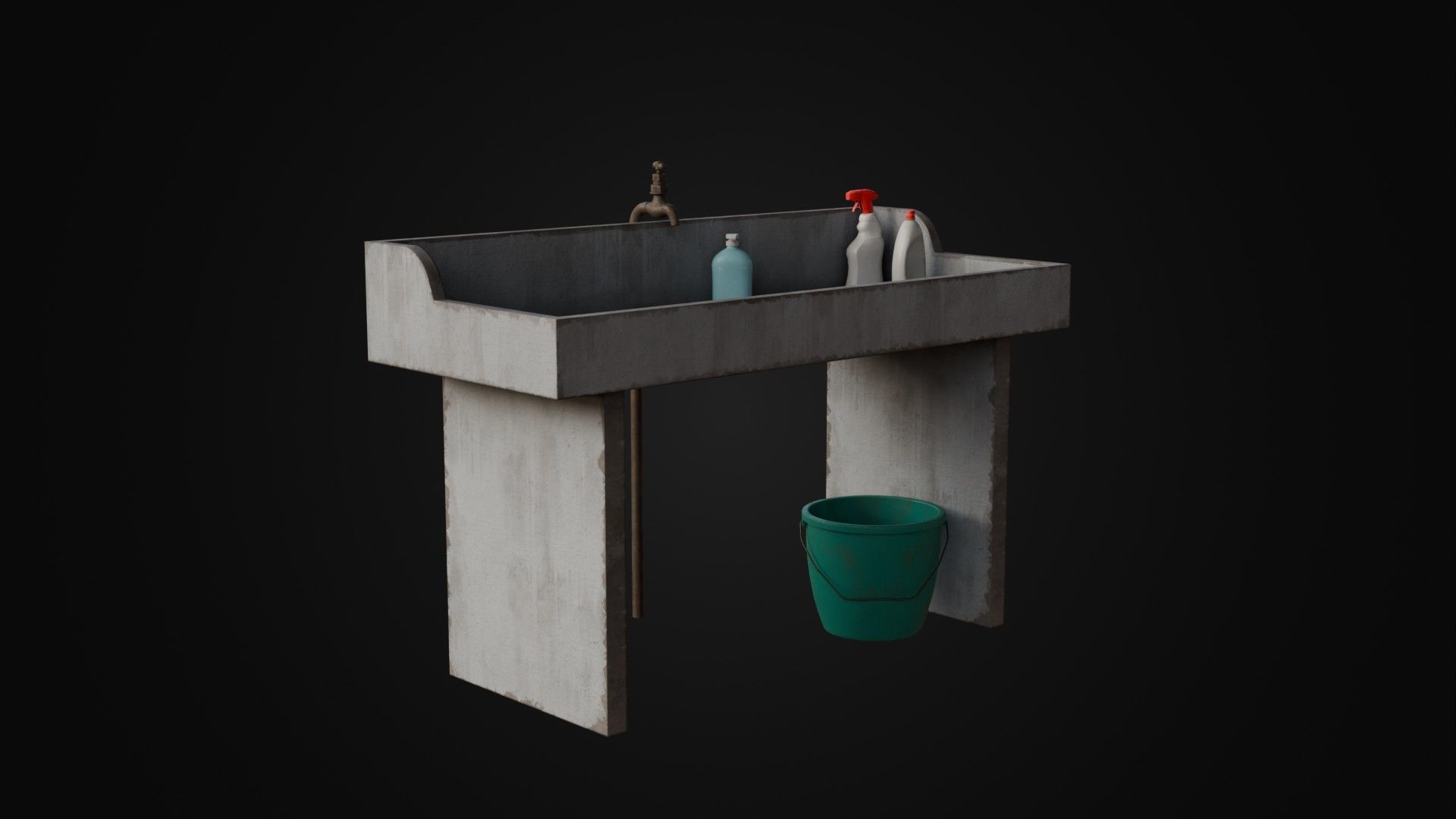 Old Japanese Sink with cleaning props Low-poly 3D model_4