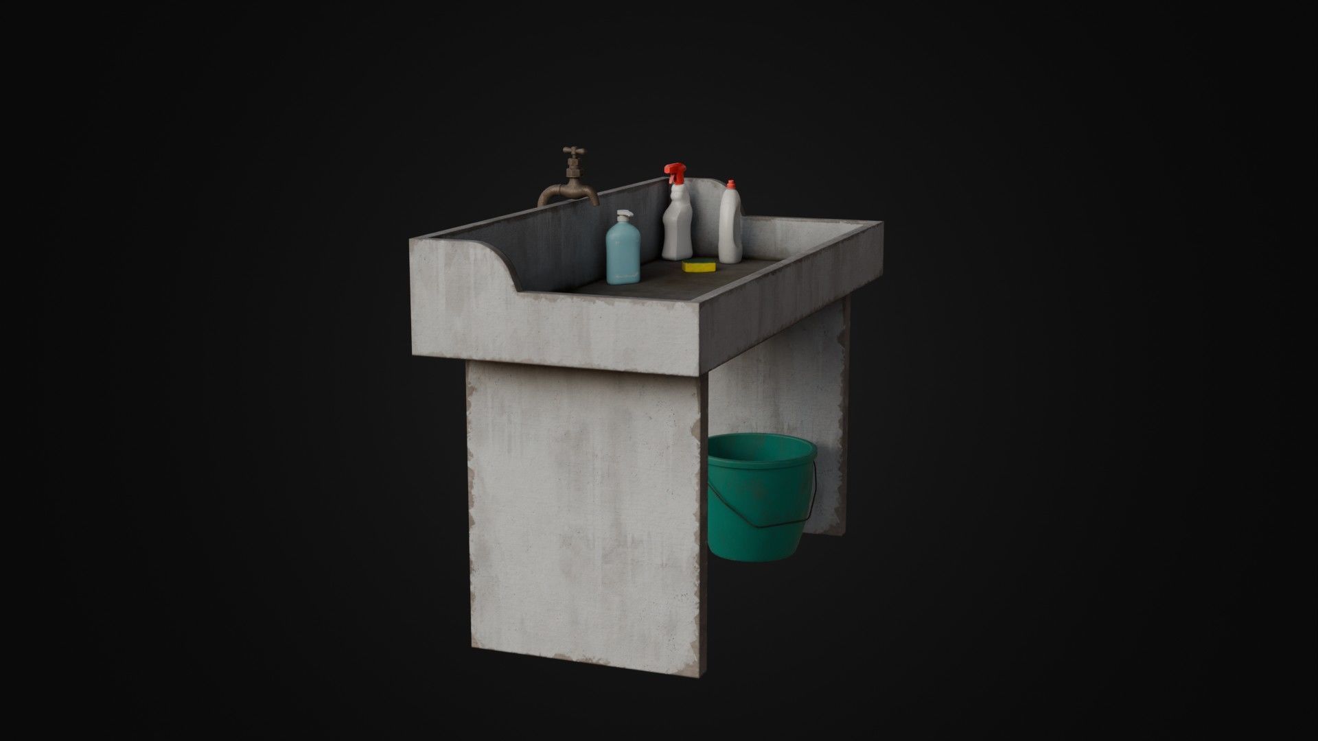 Old Japanese Sink with cleaning props Low-poly 3D model_7