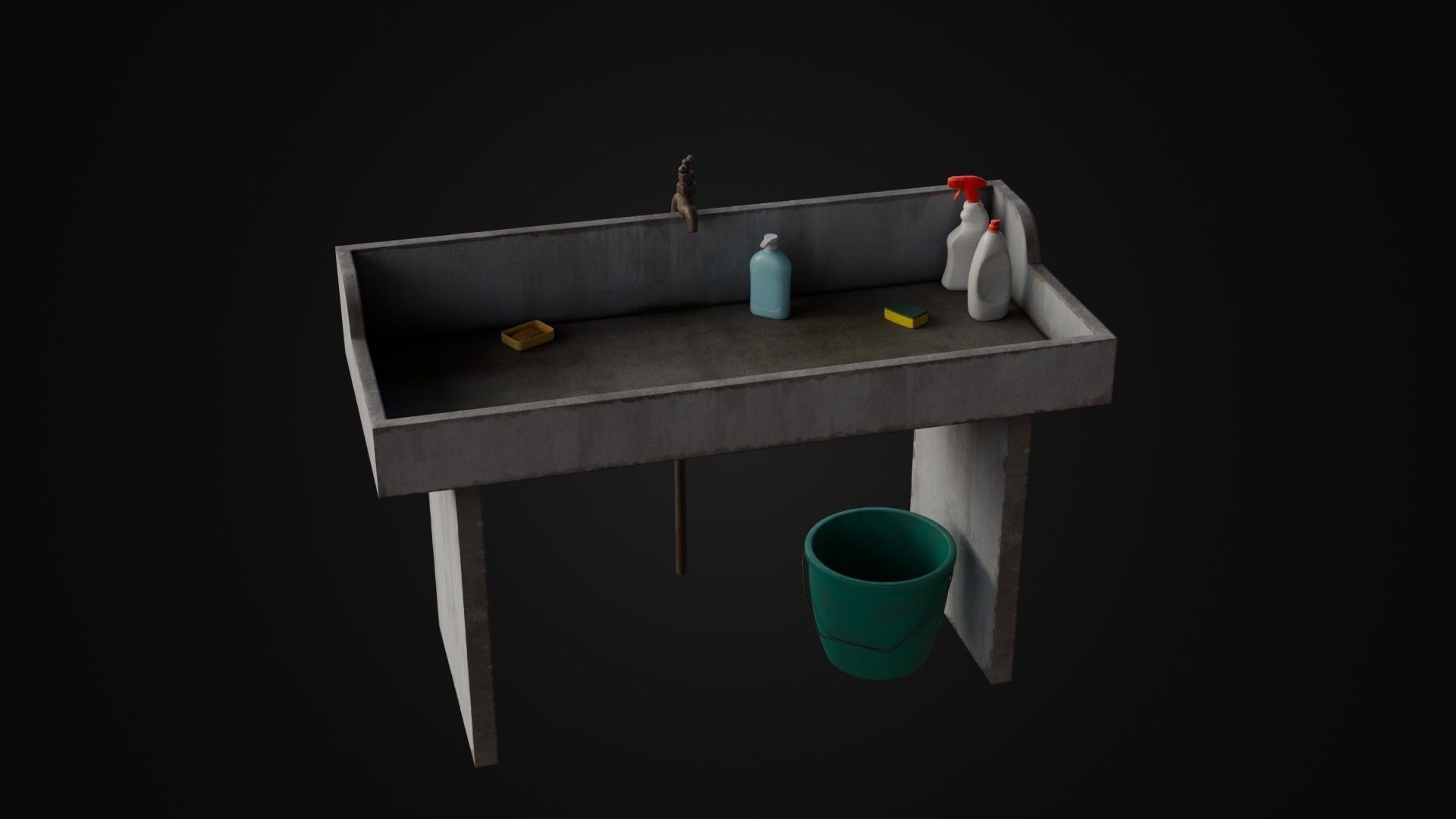 Old Japanese Sink with cleaning props Low-poly 3D model_40