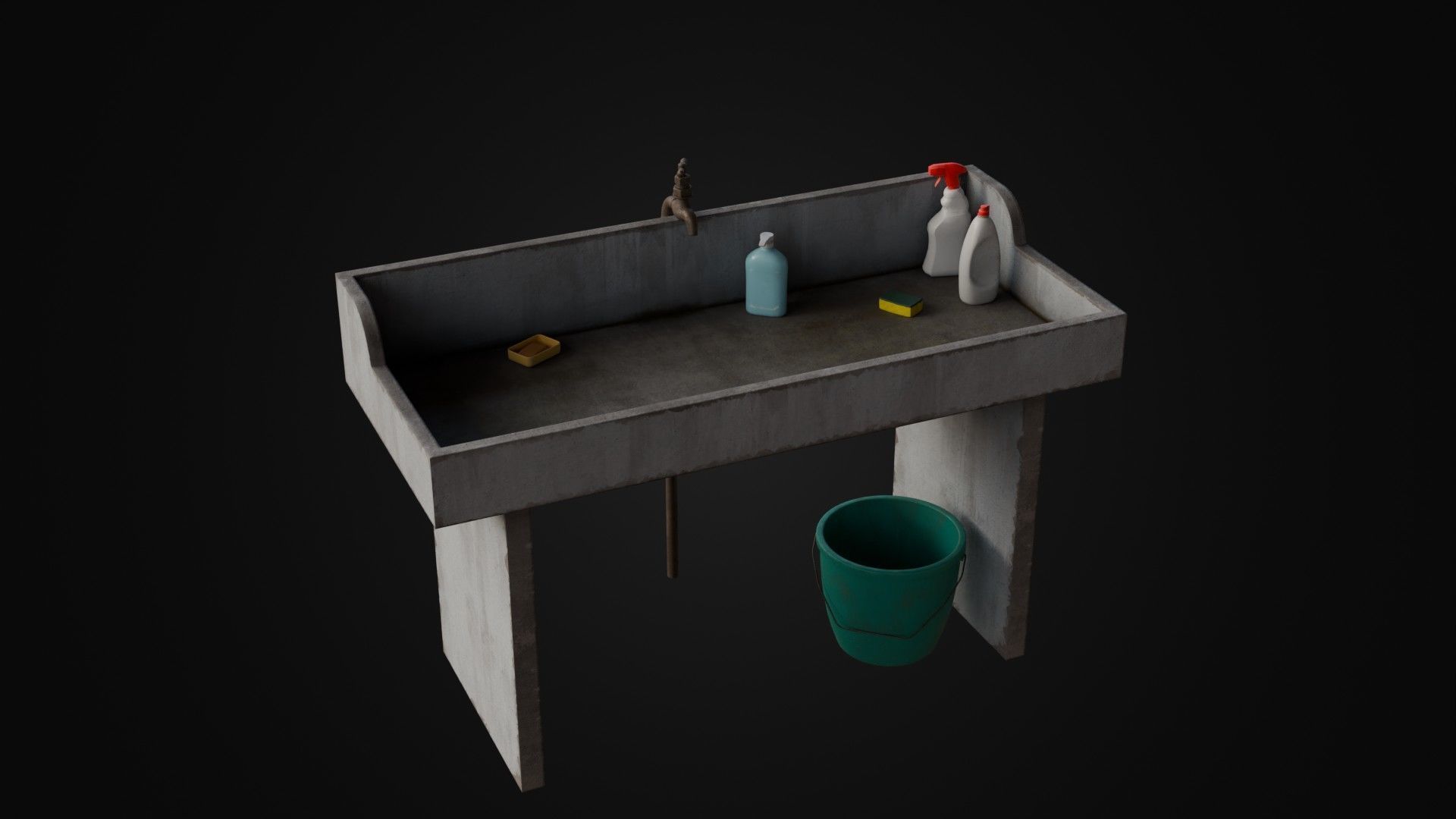 Old Japanese Sink with cleaning props Low-poly 3D model_41