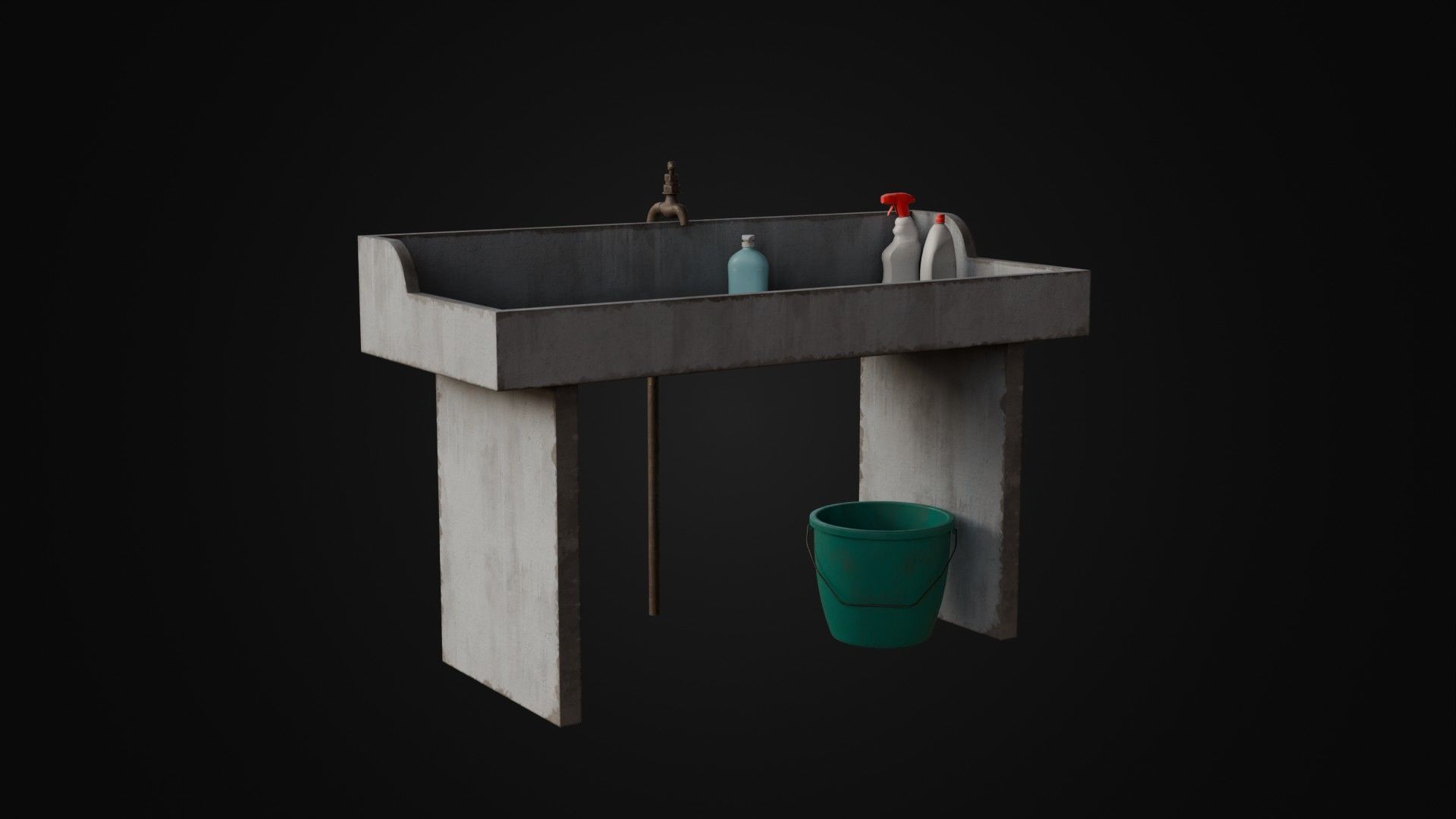 Old Japanese Sink with cleaning props Low-poly 3D model_3