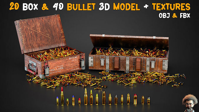 73 Bullets And Ammo and Ammunition Boxes and Texture  Game Ready Low-poly 3D model