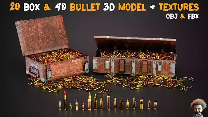 73 Bullets And Ammo and Ammunition Boxes and Texture  Game Ready Low-poly 3D model