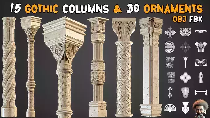 15 Gothic Columns 3D Model and 30 Ornaments Brush     Vol 22