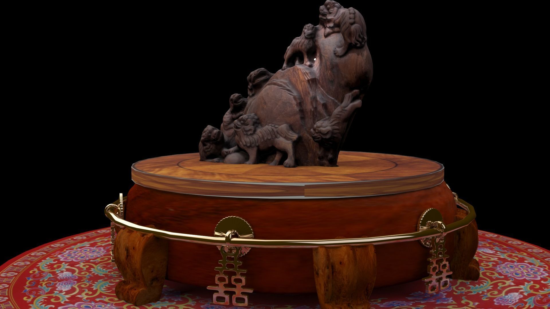 Chinese lion  wood root carving sculpture  3D model_2