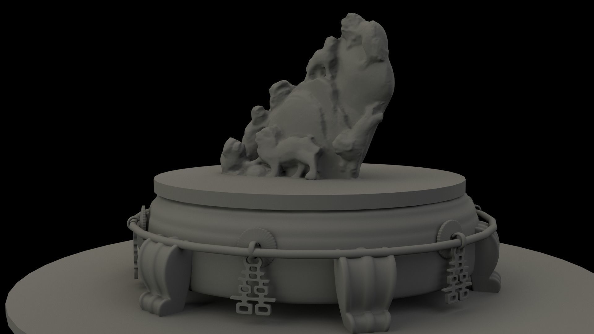 Chinese lion  wood root carving sculpture  3D model_7