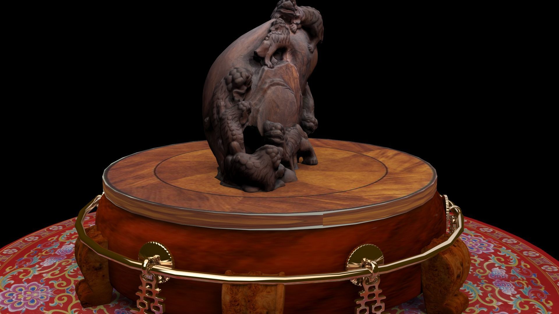 Chinese lion  wood root carving sculpture  3D model_3