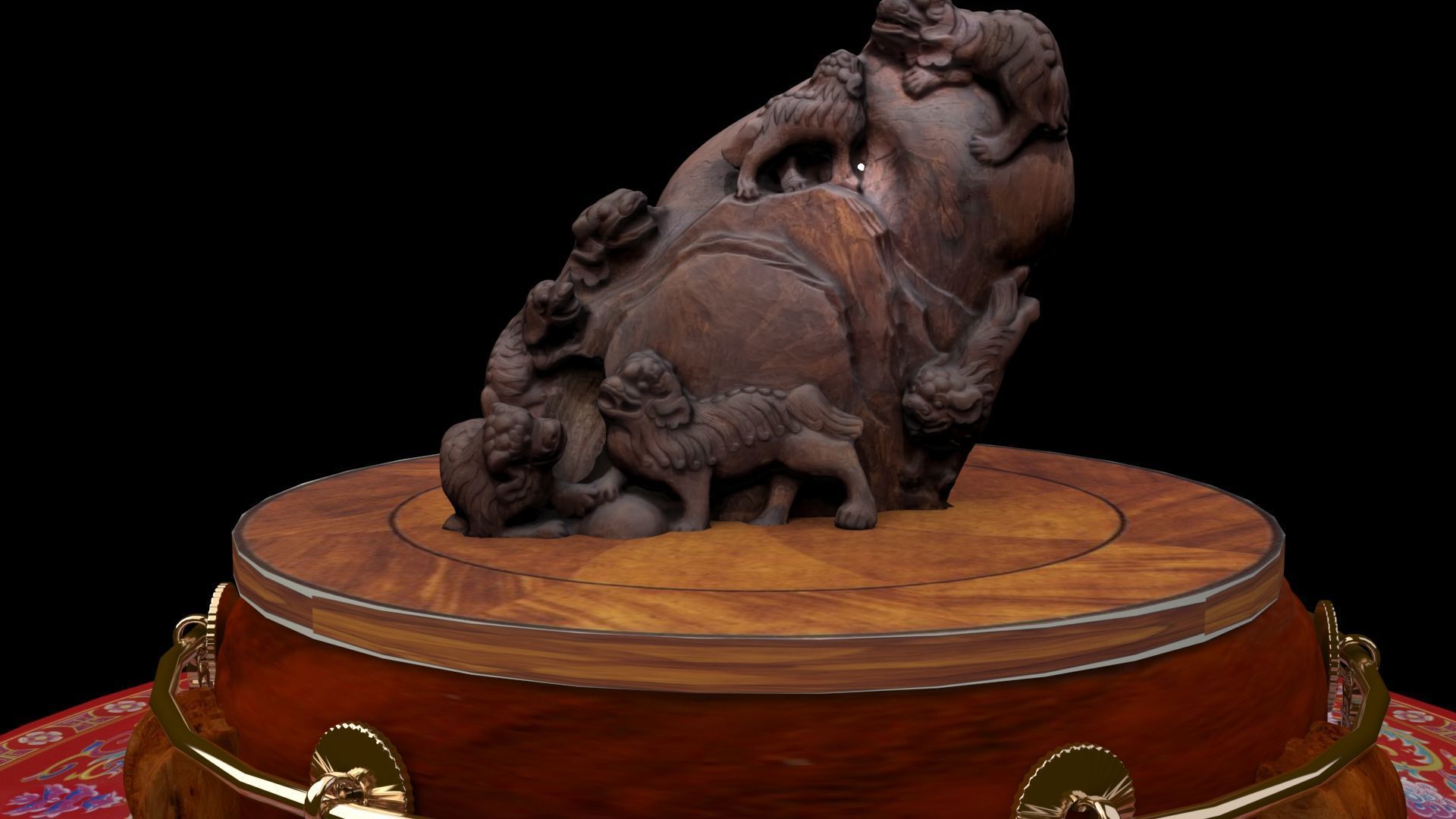 Chinese lion  wood root carving sculpture  3D model_5