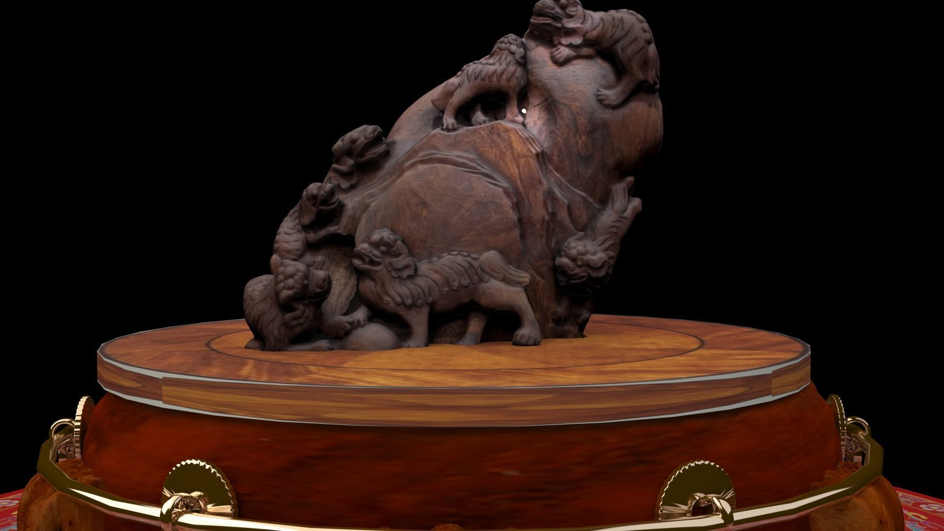 Chinese lion  wood root carving sculpture  3D model_4