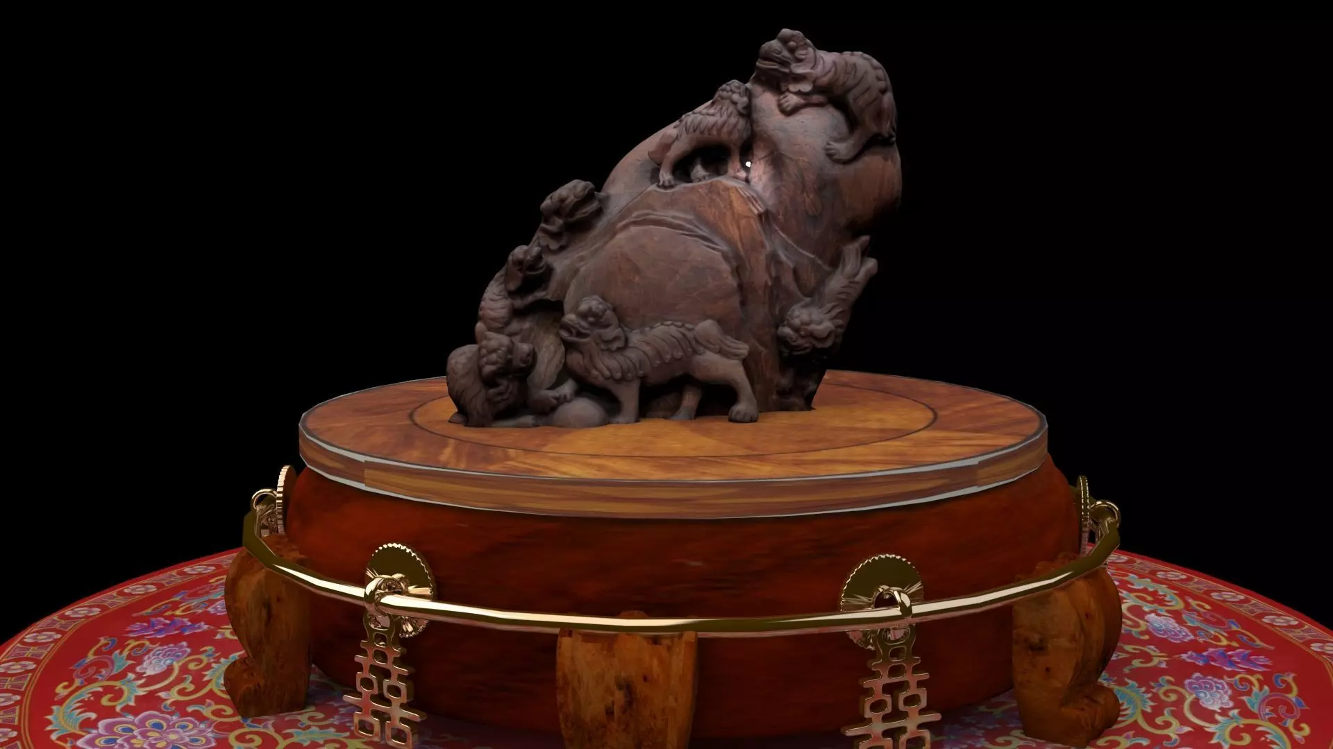 Chinese lion  wood root carving sculpture  3D model_0