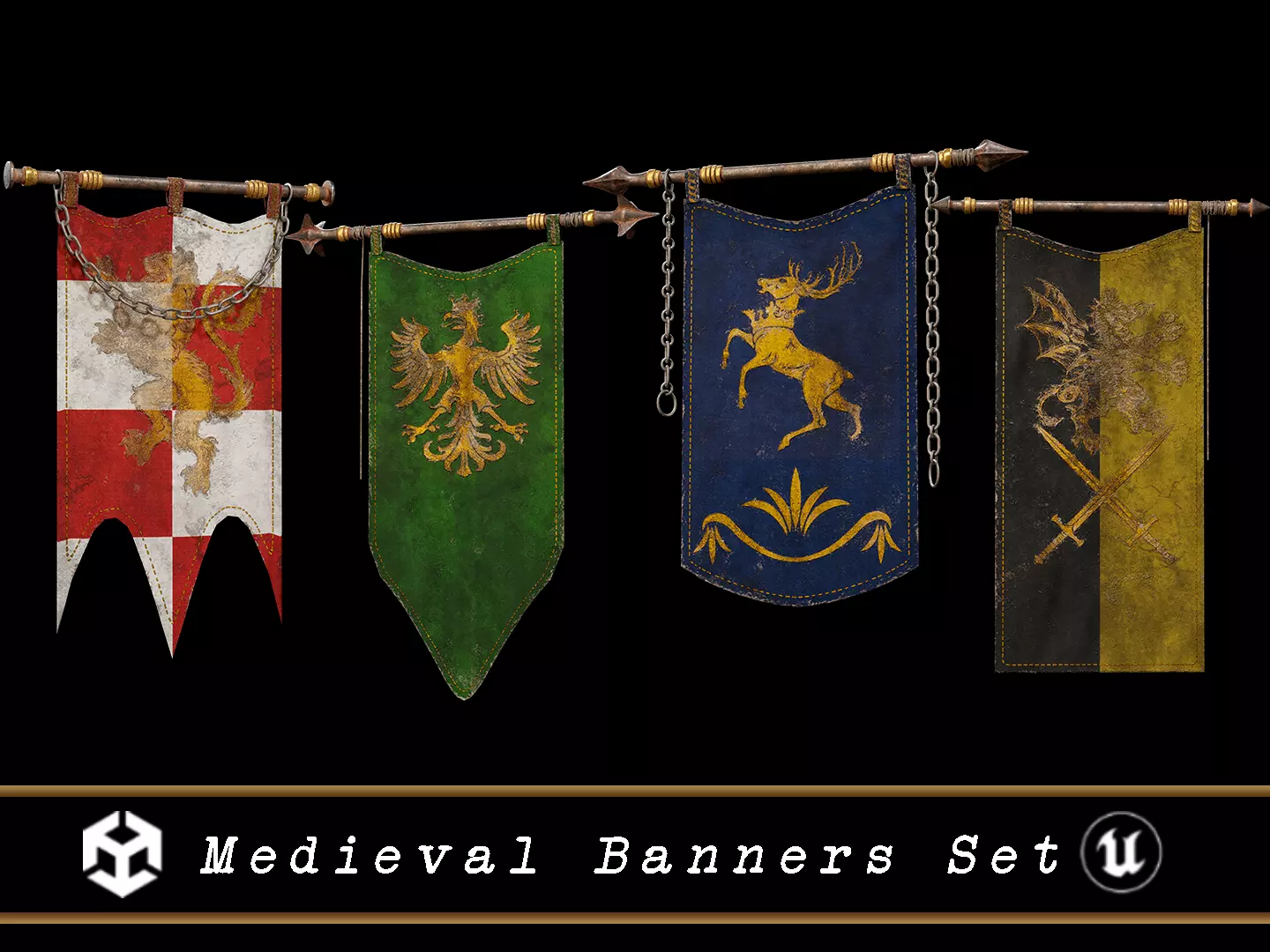 Set Modular of Medieval Banners Low-poly 3D model_0