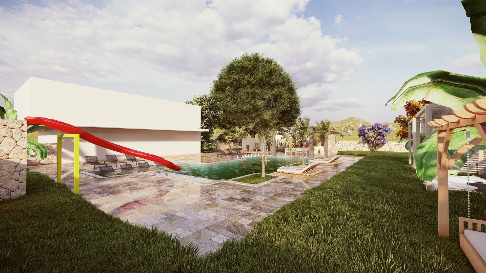 Pool and garden design 3D model_1