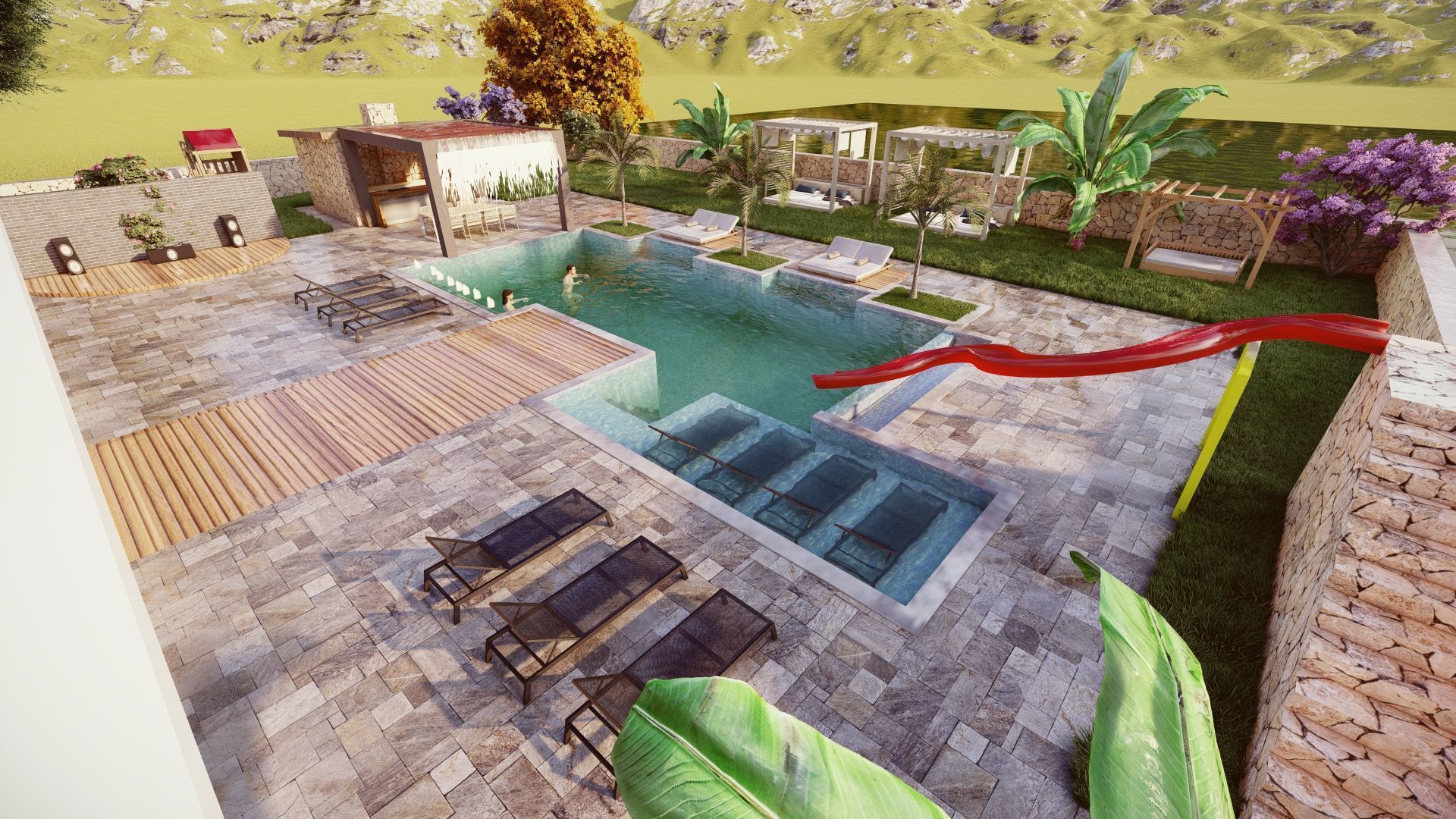 Pool and garden design 3D model_2