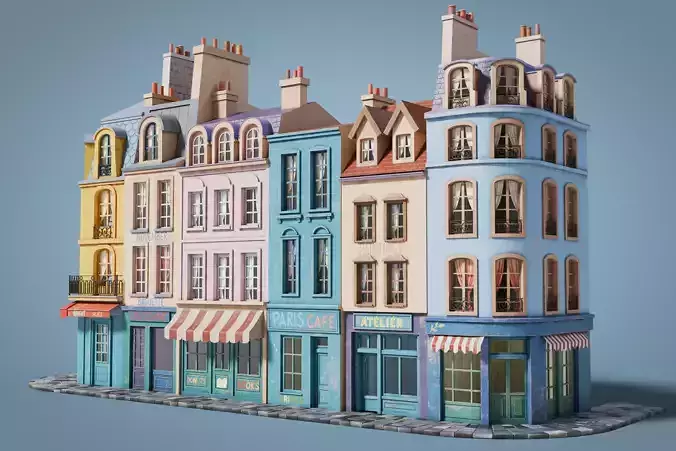 Cartoon city facades Low-poly 3D model