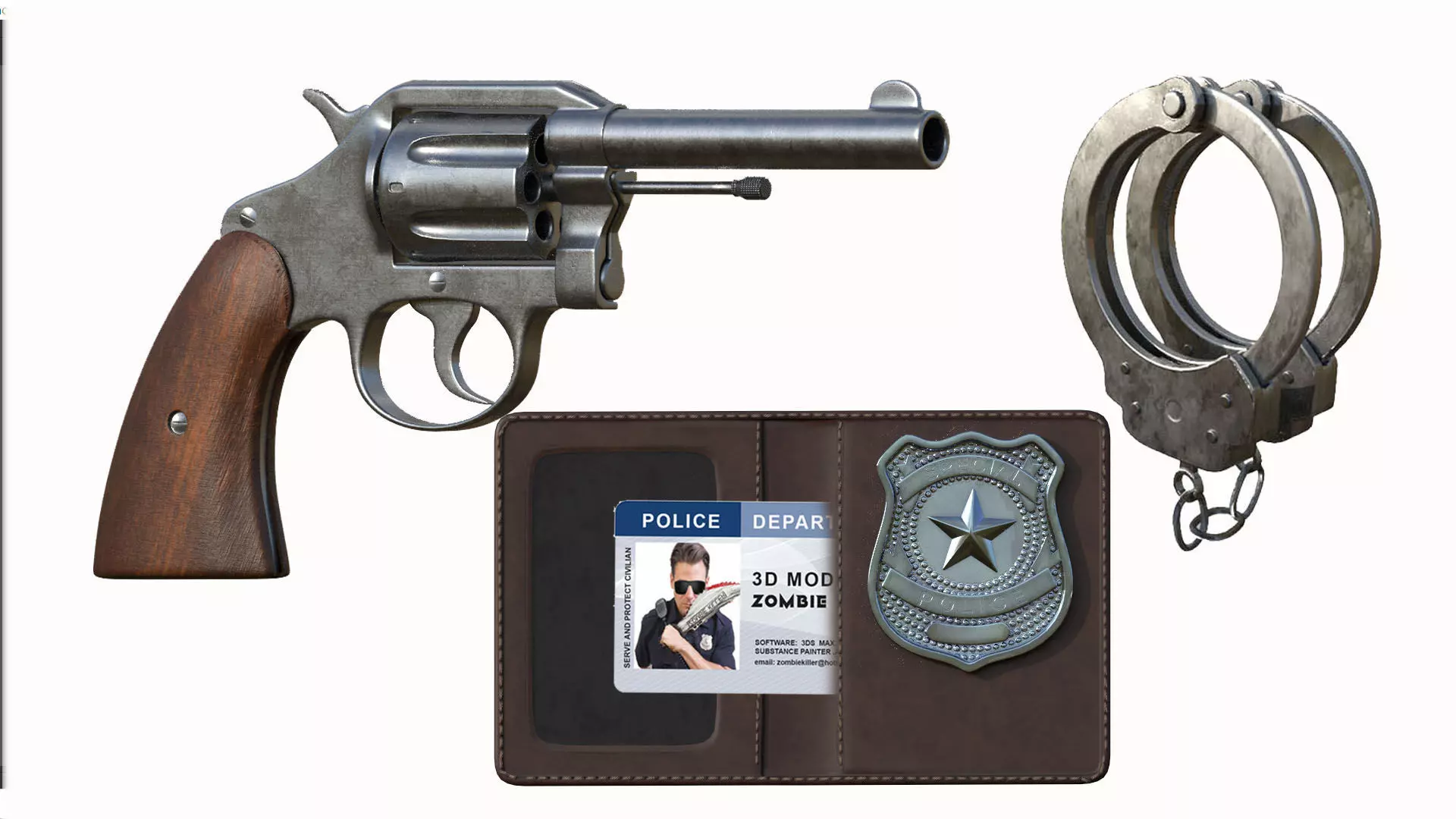 colt police gun - handcuffs - wallet Free 3D model