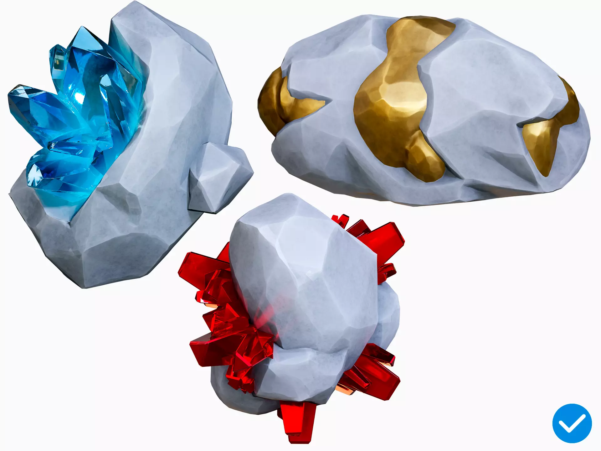 X3 Stylized Cartoon Ore And Crystals Minerals Package Low-poly 3D model_0