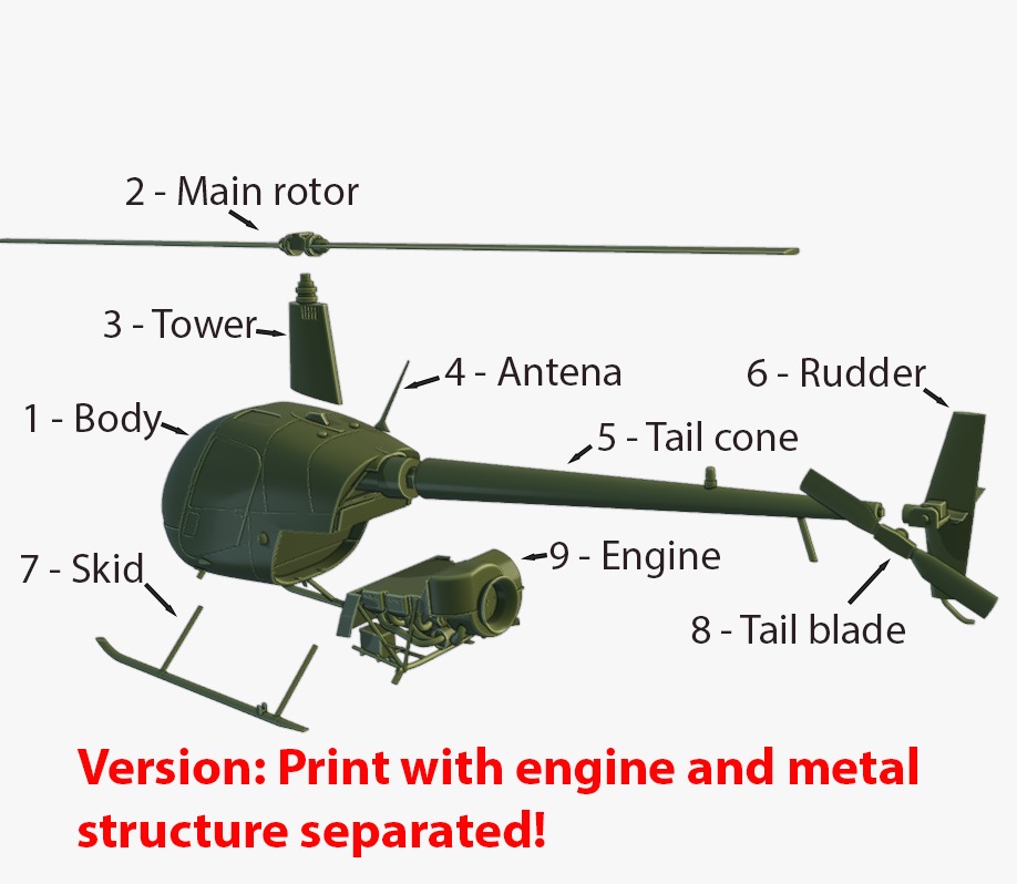 Robinson R22 ready for 3D printing - Hight Detailed 3D print model_9