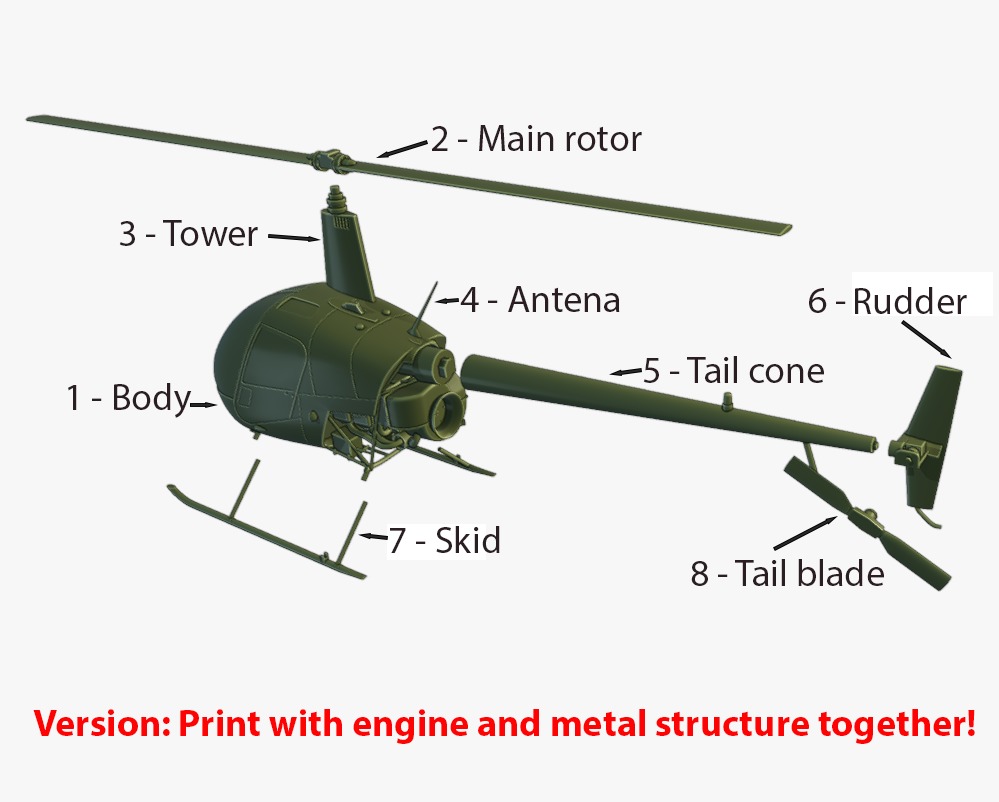 Robinson R22 ready for 3D printing - Hight Detailed 3D print model_8