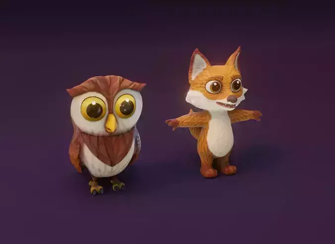 Cartoon Animated Owl and Fox 3D Model Collection Low-poly 3D model