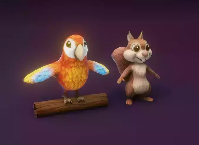 Cartoon Animated Ara Parrot and Squirrel 3D Model Collection Low-poly 3D model