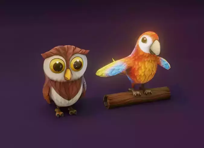 Cartoon Animated Owl and Ara Parrot 3D Model Collection Low-poly 3D model