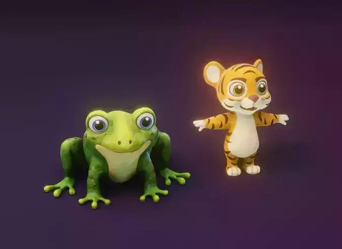 Cartoon Animated Frog and Tiger 3D Model Collection Low-poly 3D model